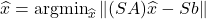 \hat{x} = \operatorname*{argmin}_{\hat{x}} \norm{(SA)\hat{x} - Sb}