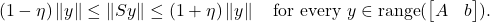 \[(1-\eta)\norm{y} \le \norm{Sy} \le (1+\eta)\norm{y} \quad \text{for every } y \in \operatorname{range}(\onebytwo{A}{b}). \]