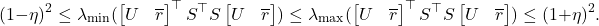 \[(1-\eta)^2 \le \lambda_{\rm min}(\onebytwo{U}{\overline{r}}^\top S^\top S\onebytwo{U}{\overline{r}}) \le \lambda_{\rm max}(\onebytwo{U}{\overline{r}}^\top S^\top S\onebytwo{U}{\overline{r}}) \le (1+\eta)^2.\]