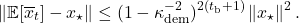 \[\norm{\expect[\overline{x}_t] - x_\star} \le (1 - \kappa_{\rm dem}^{-2})^{2(t_{\rm b}+1)} \norm{x_\star}^2.\]