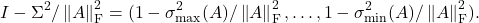 \[I - \Sigma^2/\norm{A}_{\rm F}^2 = \diag(1 - \sigma^2_{\rm max}(A)/\norm{A}_{\rm F}^2,\ldots,1-\sigma_{\rm min}^2(A)/\norm{A}_{\rm F}^2).\]