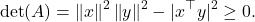 \[\det(A) = \norm{x}^2\norm{y}^2 - |x^\top y|^2 \ge 0.\]