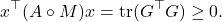 \[x^\top (A\circ M)x = \tr(G^\top G) \ge 0.\]