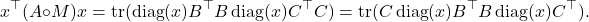 \[x^\top (A\circ M)x = \tr(\operatorname{diag}(x) B^\top B \operatorname{diag}(x) C^\top C) = \tr(C\operatorname{diag}(x) B^\top B \operatorname{diag}(x) C^\top).\]