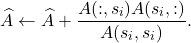 \[\hat{A} \gets \hat{A} +\frac{A(:,s_i)A(s_i,:)}{A(s_i,s_i)}.\]