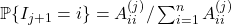 \prob \{ I_{j+1} = i\} = A^{(j)}_{ii} / \sum_{i=1}^n A^{(j)}_{ii}